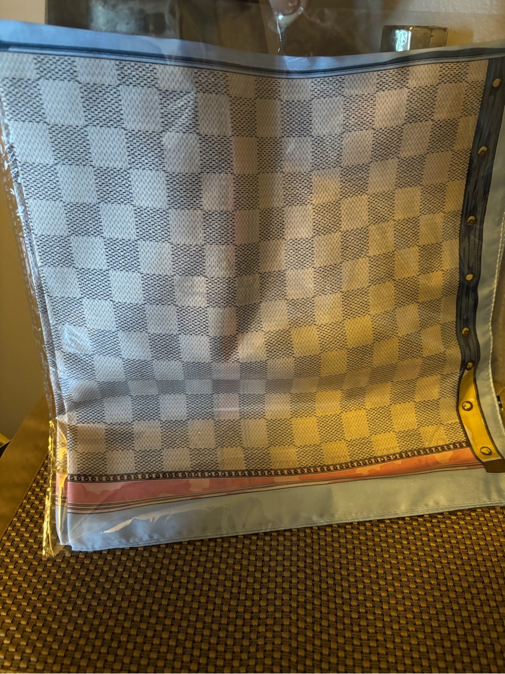Designer-Inspired Checkered Silk Scarf in Light Blue and Cream